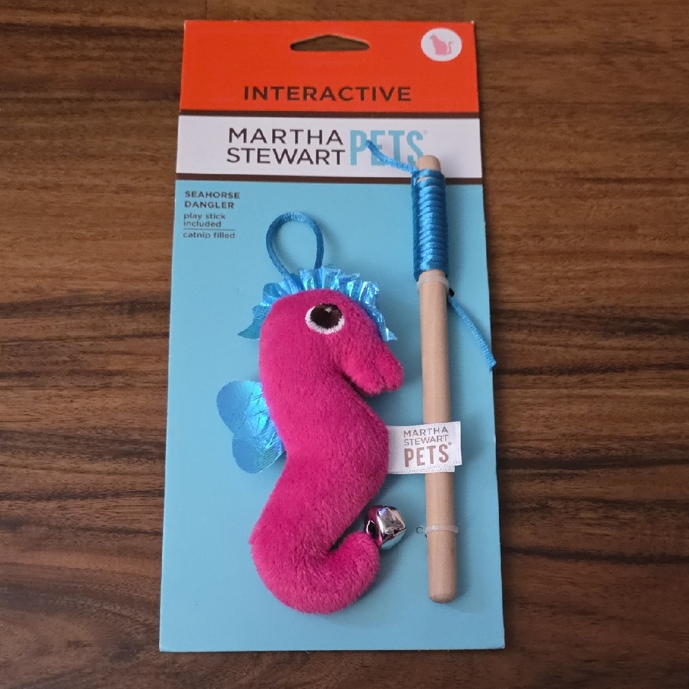 Martha Stewart Pet Cat Pink Blue Seahorse Cat Toy Bell Wand Dangler Stick Catnip